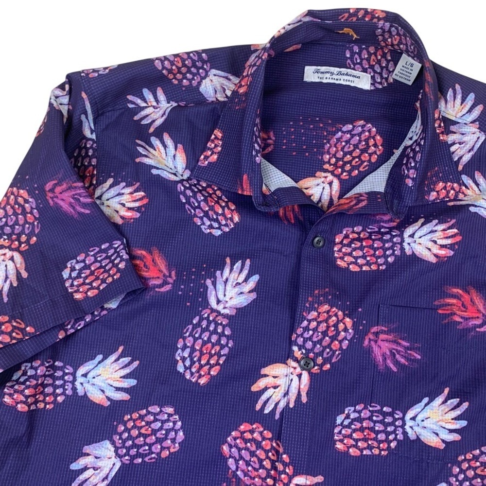 Tommy Bahama Shirt Mens L Purple‎ Pineapple Resort Hawaiian Beach Island Luxury